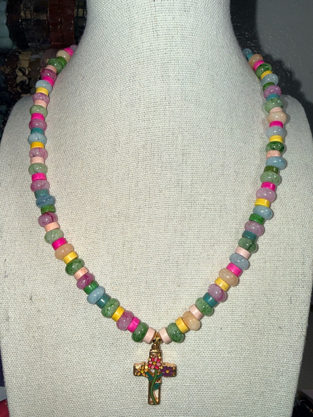 Colorful Quartz & Shell Rondelle Necklace Floral Cross Pendant
